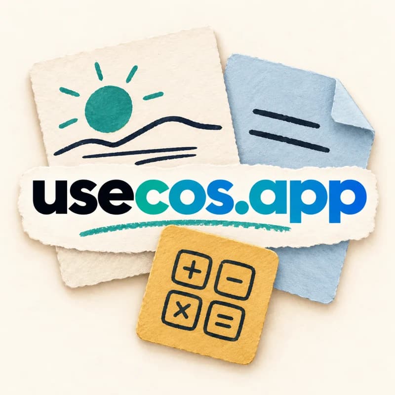 usecos.app paper collage with a photo, document and calculator